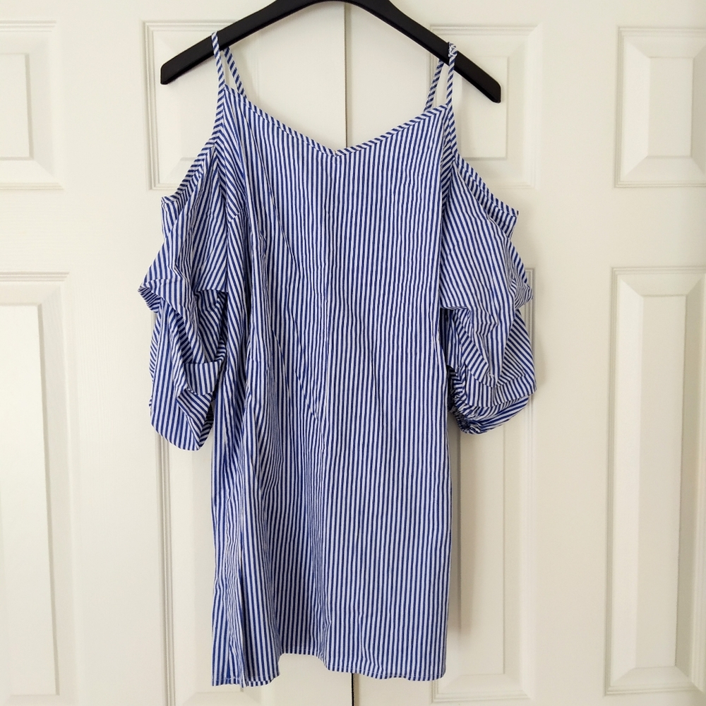 Blue Pinstriped Off the Shoulder Sleeve Dress